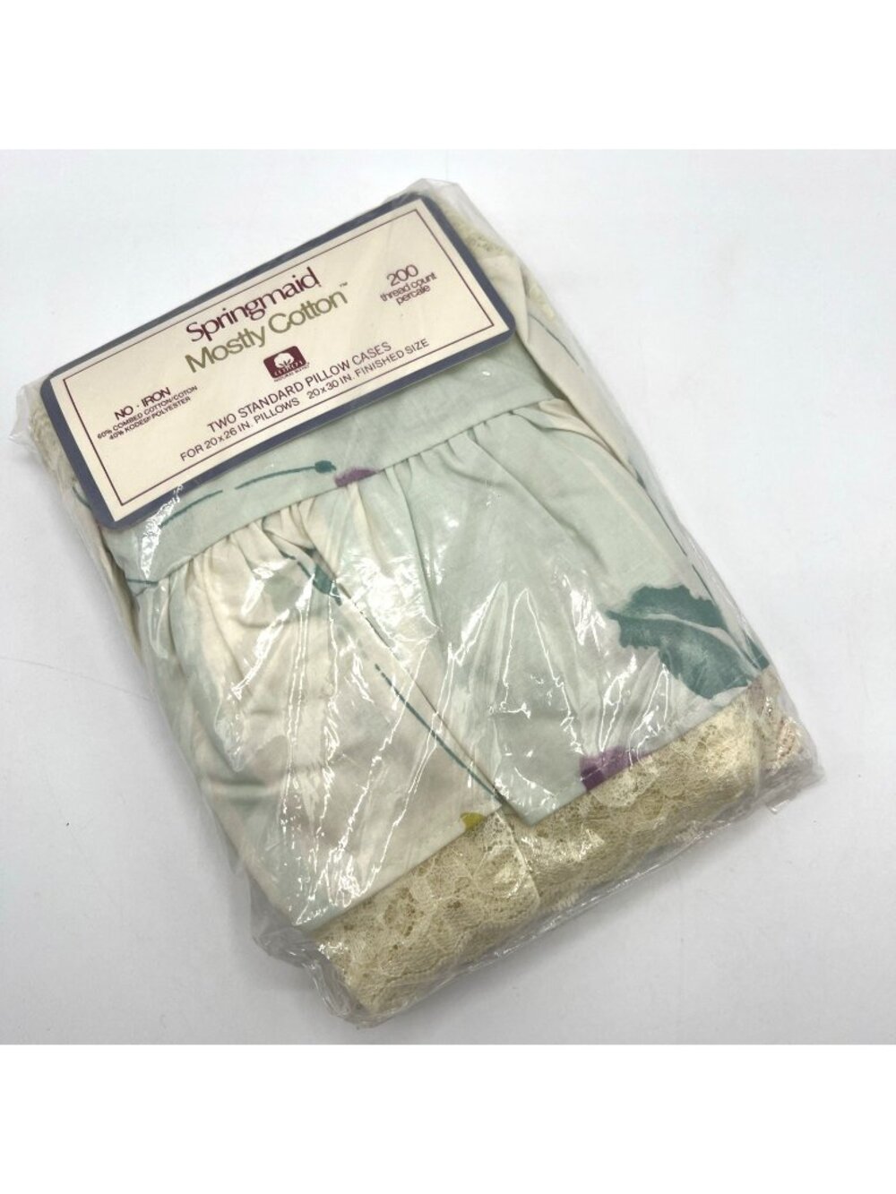 Springmaid Pillowcases Floral Lace Ruffle Blue Orchid Percale Vintage NOS